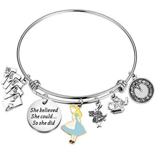 BLEOUK Alice in Wonderland Gift Jewelry She Believed She Could So She Did Alice in Wonderland Themed Charms Bracelet