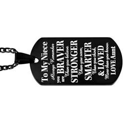 Niece Gifts from Aunt & Uncle Niece Black Dog Tag Necklace - To Our Niece, Always Remember You’re BRAVER than You Believe.