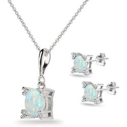 Sterling Silver Genuine or Synthetic Gemstone Studded Solitaire Necklace & Stud Earrings Set
