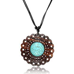 Earth Accessories Adjustable Turquoise Pendant Necklace with Organic Wood - Turquoise Jewelry for Women - Western/Pocahontas Vintage Delicate Turquoise Necklaces
