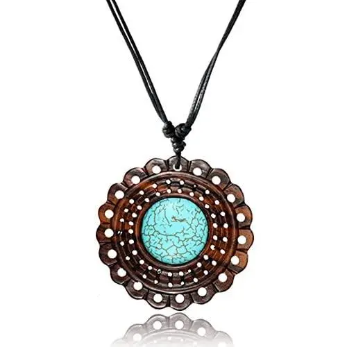 Earth Accessories Adjustable Turquoise Pendant Necklace with Organic Wood - Turquoise Jewelry for Women - Western/Pocahontas Vintage Delicate Turquoise Necklaces