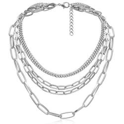 Layered Punk Chunky Chain Choker Necklace, Statement Cool Sliver Multilayer Hip Hop Necklace with Lock Pendant for Women Girls