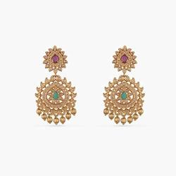 Tarinika Binal Antique Gold-Plated Indian Jewelry Set with Long Necklace and Earrings - White Red Green