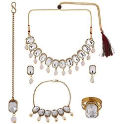 Efulgenz Fashion Chunky Crystal Oxidized Gold Statement Choker Necklace Earrings Bracelet Maangtikka Ring Set Costume Jewelry