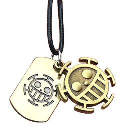 KOGNGU Hot Japan Anime One Piece Trafalgar Law Portgas D Ace Stud Necklace Cosplay (Leather Chain & Bronze)