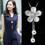 White Crystal Pendant Necklace Long Sweater Necklace Fashion Jewelry for Women Girls (5 Petals Flower Necklace)