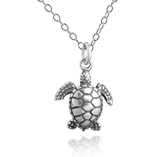 Sterling Silver Tiny Baby Sea Turtle 3D Charm Necklace, 18'' Cable Chain