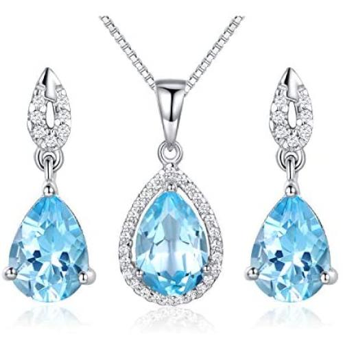 JIANGXIN Waterdrop Birthstone 925 Sterling Silver White Gold Plated Fine Jewelry Set for Women Pendant Necklace Stud Earring
