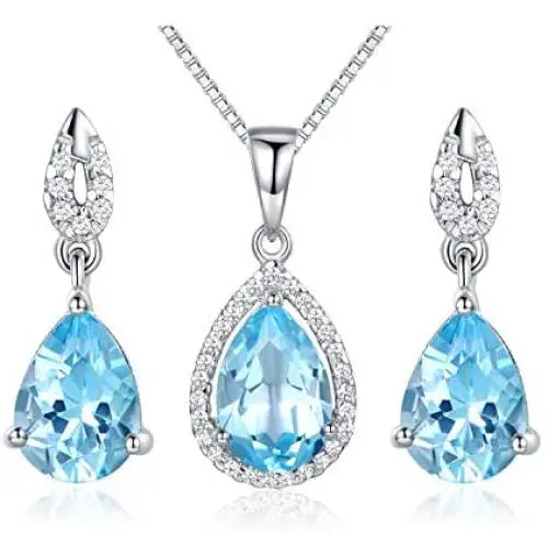 JIANGXIN Waterdrop Birthstone 925 Sterling Silver White Gold Plated Fine Jewelry Set for Women Pendant Necklace Stud Earring
