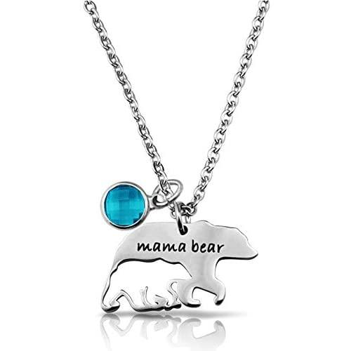 Mom Necklace for Women Mama Bear Necklace Gift from Daughter Son Mother Engraved Birthstone Pendant Novelty Women Jewelry for Birthday, Mother’s Day, Christmas, Thanksgiving, Wedding, Baby Shower
