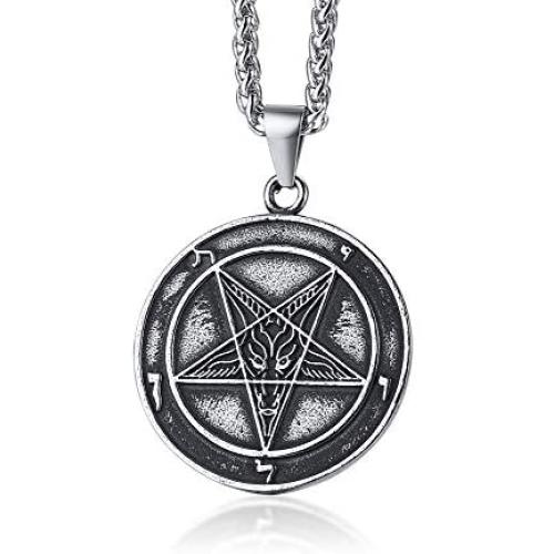 XUANPAI Stainless Steel Inverted Pentagram Satanic Sabbatic Goat Lucifer Wiccan Pewter Pendant Seal of Satan Sigil of Lucifer Necklace for Men Women
