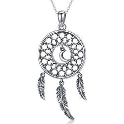 Waysles Dream Catcher Necklace for Women, S925 Sterling Silver Pendant with Moon and Feather Necklace Lucky Jewelry Gifts for Her