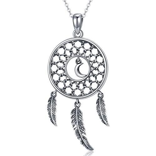 Waysles Dream Catcher Necklace for Women, S925 Sterling Silver Pendant with Moon and Feather Necklace Lucky Jewelry Gifts for Her