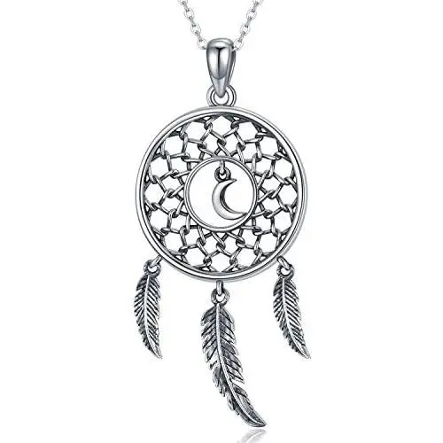 Waysles Dream Catcher Necklace for Women, S925 Sterling Silver Pendant with Moon and Feather Necklace Lucky Jewelry Gifts for Her