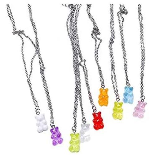 9Pcs Colorful Gummy Bear Pendant Necklace Cute Candy Color Resin Tiny Cartoon Animal Bear Charms Pendant Link Chain Necklace for Women Girls Jewelry