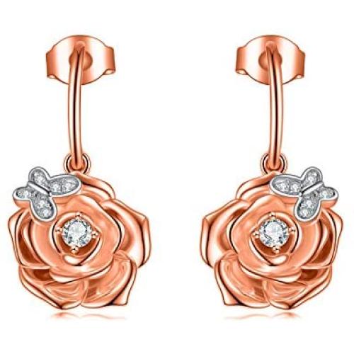 POTOPYY 925 Sterling Silver Rose Flower Dangle Earrings Butterfly Dainty Drop Earrings Jewelry Gifts for Women Girls Birthday