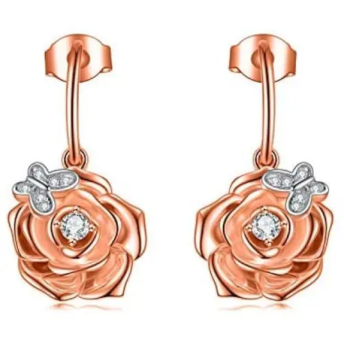 POTOPYY 925 Sterling Silver Rose Flower Dangle Earrings Butterfly Dainty Drop Earrings Jewelry Gifts for Women Girls Birthday