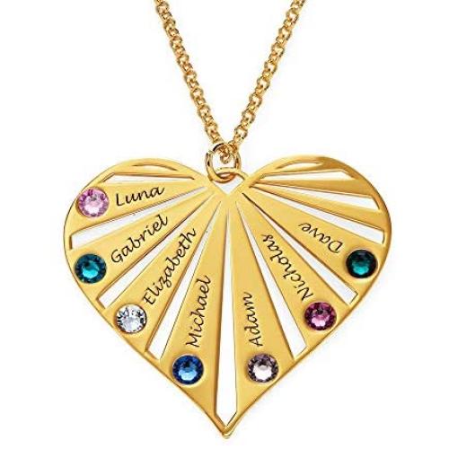 MyNameNecklace Personalized Family Heart Shape Engraved Love Necklace with or without Birthstones Precious Metal-Custom Made Mother Day Gift for Mom Wife