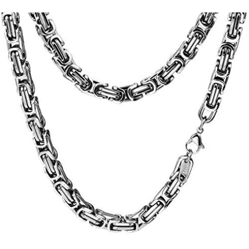 INBLUE 8.0mm Byzantine Link Chain Stainless Steel Necklace for Men Women Boys Water Resistant Chunky Biker Style Jewelry Gift