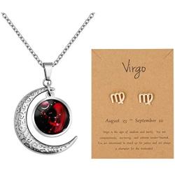 Nanafast Zodiac Necklace Stud Earrings Set, Adjustable Stainless Steel Constellation Crescent Moon Necklace, Creative Glow Horoscope Astrology Pendant Necklace for Women Girls Valentines Birthday Gift