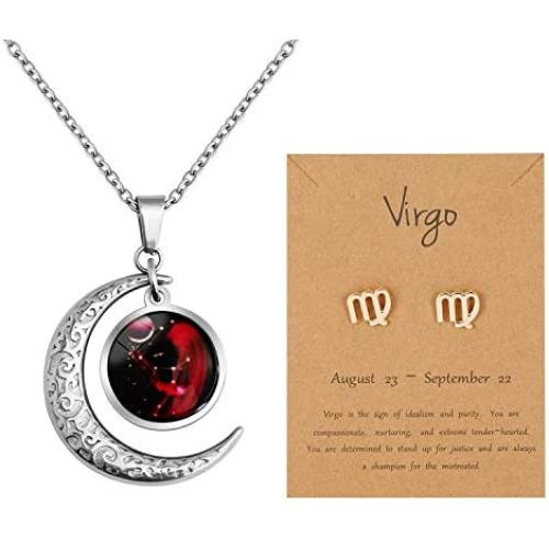Nanafast Zodiac Necklace Stud Earrings Set, Adjustable Stainless Steel Constellation Crescent Moon Necklace, Creative Glow Horoscope Astrology Pendant Necklace for Women Girls Valentines Birthday Gift