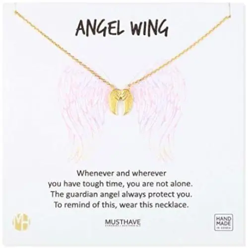 MUSTHAVE Angel Wing 18K Gold Plated Necklace with Message Card, Yellow and White Color, Anchor Chain, Best Gift Necklace, Size 16 inch + 2 inch Extender, Guardian Angel Necklace, Gift Card