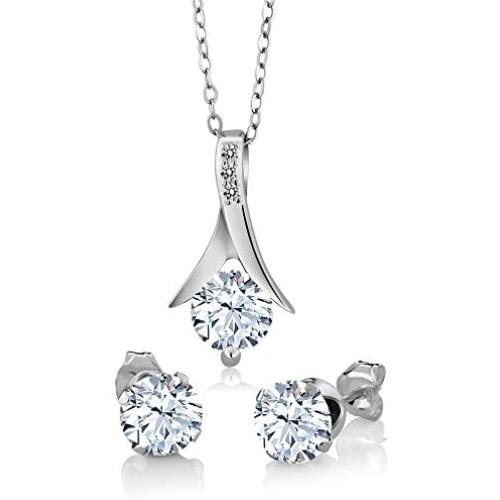 Gem Stone King 925 Sterling Silver White Created Sapphire and White Diamond Pendant Earrings Set For Women (3.65 Ct with 18 Inch Silver Chain)