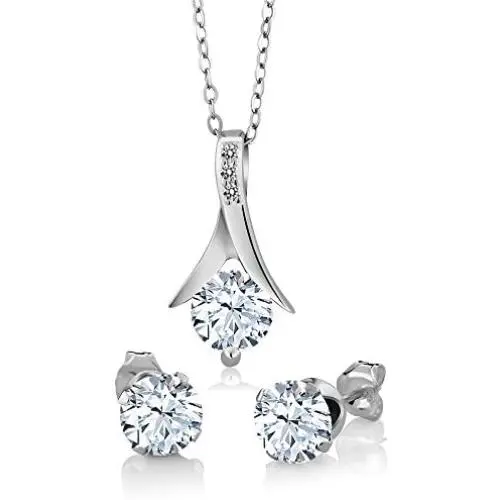 Gem Stone King 925 Sterling Silver White Created Sapphire and White Diamond Pendant Earrings Set For Women (3.65 Ct with 18 Inch Silver Chain) Gem Stone King 925 Sterling Silver White Created Sapphire and White Diamond Pendant Earrings Set For Women (3.65 Ct with 18 Inch Silver Chain)