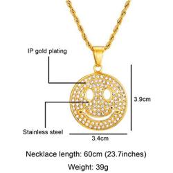 Unisex Hip Hop Golden Stainless Steel Iced out Smile Face Pendant Best Friend Happy Necklace with 24 Inch Chain