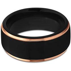 Tungsten Wedding Band Ring 10mm for Men Women Black Rose Yellow Gold Plated Step Edge Brushed Polished