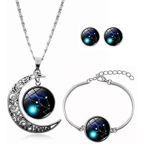 Pingyongchang 12 Constellation Crescent Moon Shaped Earring Necklace Bracelet Set Zodiac Sign Astrology Horoscope Charm Chain Pendants Stud Earrings Jewelry Set Half Moons Accessory for Women Girl