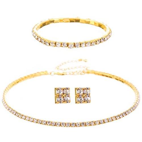 Barabum 1/2/3/4/5 Row Wedding Crystal Rhinestone Bridal Necklace Earrings and Bracelet Jewelry Set