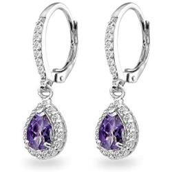 Sterling Silver Genuine or Synthetic Gemstone Teardrop Dangle Halo Leverback Earrings
