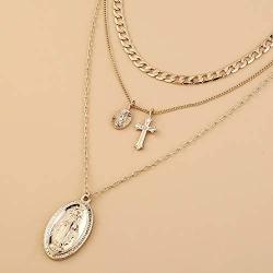 NICEMOVIC Retro Cross Pendant Necklace Golden Roman Portrait Layered Necklace Personality Necklace Jewelry Accessories Choker