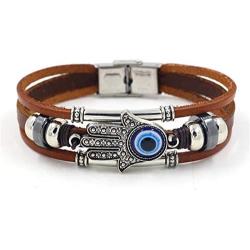 Leather Evil Eye Bracelet Wristband Vintage Three-Row Leather Hamsa Hand Blue Eyes Bracelet Retro Multi-Layer Rope Wrap Bracelet Handmade Devils Eye Bangle Strand Bracelet Turkish Jewelry