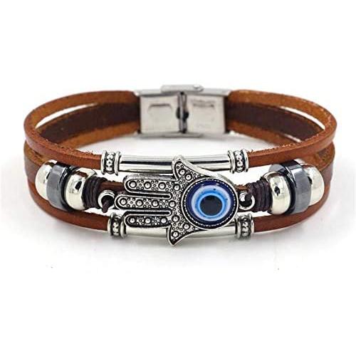 Leather Evil Eye Bracelet Wristband Vintage Three-Row Leather Hamsa Hand Blue Eyes Bracelet Retro Multi-Layer Rope Wrap Bracelet Handmade Devils Eye Bangle Strand Bracelet Turkish Jewelry