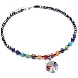Top Plaza 7 Chakra Reiki Healing Crystals Gemstone Black Metal Hematite Magnetic Beads Therapy Necklace Bracelet with Tree of Life Pendant