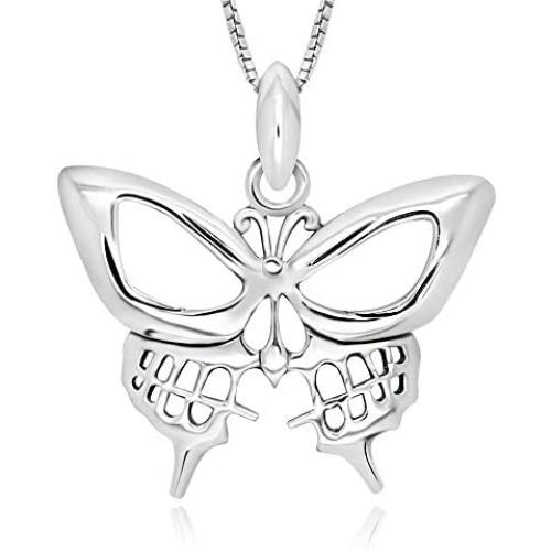 925 Sterling Silver Skull Butterfly Pendant Pendant Necklace, 18''