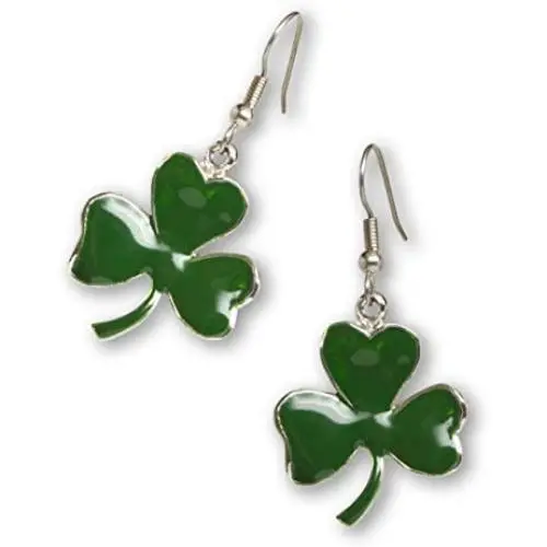 St. Patricks Day Irish Shamrock Dangle Earrings Green Enamel on Silver Finish Pewter