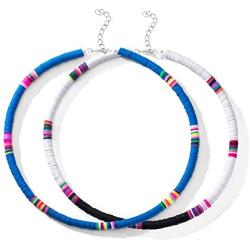 2 Pcs Heishi Surfer Choker Necklace Boho Jewelry Colorful African Vinyl Disc Beads Necklaces for Women Girls Handmade Summer Beach Collar Necklace for Holidays …