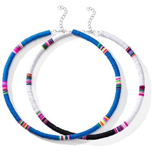 2 Pcs Heishi Surfer Choker Necklace Boho Jewelry Colorful African Vinyl Disc Beads Necklaces for Women Girls Handmade Summer Beach Collar Necklace for Holidays …