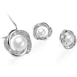 Sheshine Blessing of Love Women Elegant Pearl Pendant Necklace Earrings Set Jewelry Set,Crystal from Swarovski