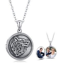 Wolf Locket Necklace 925 Sterling Silver Locket Necklace That Holds Pictures Vintage Oxidized Wolf Pendant for Women Viking Jewelry Gifts for Mens Valentines Day Gifts