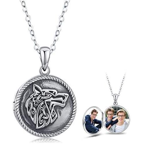 Wolf Locket Necklace 925 Sterling Silver Locket Necklace That Holds Pictures Vintage Oxidized Wolf Pendant for Women Viking Jewelry Gifts for Mens Valentines Day Gifts