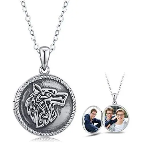 Wolf Locket Necklace 925 Sterling Silver Locket Necklace That Holds Pictures Vintage Oxidized Wolf Pendant for Women Viking Jewelry Gifts for Mens Valentines Day Gifts