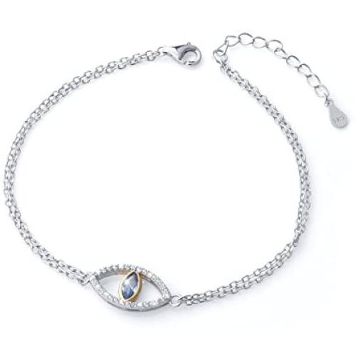 925 Sterling Silver Blue Evil Eye Double Strand Bracelet Necklace Stud Earrings Jewelry for Women Girls Ladies