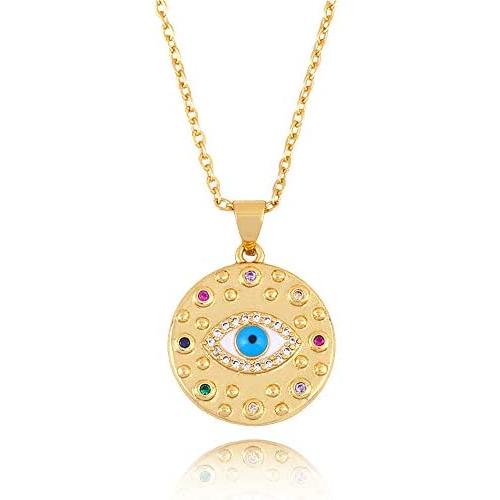 Evil Eye Necklace for Women Gold Medallion Coin Necklace Crescent Moon Necklace Protection Hamsa Necklace 18K Gold Plated Necklaces for Women Dainty Jewelry Gift