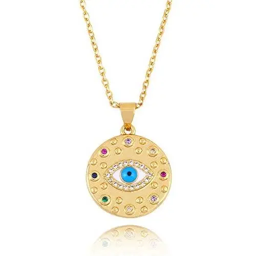 Evil Eye Necklace for Women Gold Medallion Coin Necklace Crescent Moon Necklace Protection Hamsa Necklace 18K Gold Plated Necklaces for Women Dainty Jewelry Gift