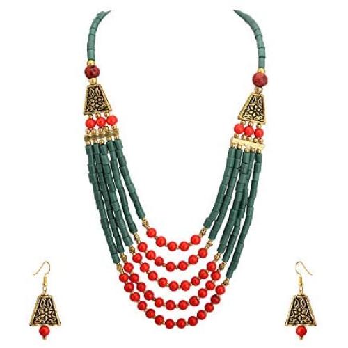 Zephyrr Fashion Necklace Tibetan Handmade Earring Beaded Multi Strand Jewellery Set for Women