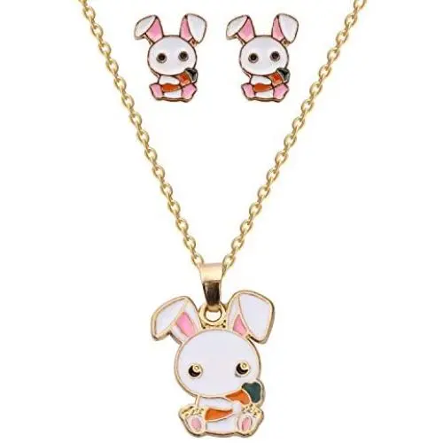WSNANG Tiny Cute Rabbit Necklace Earring Set Bunny Earrings Pet Lover Gift